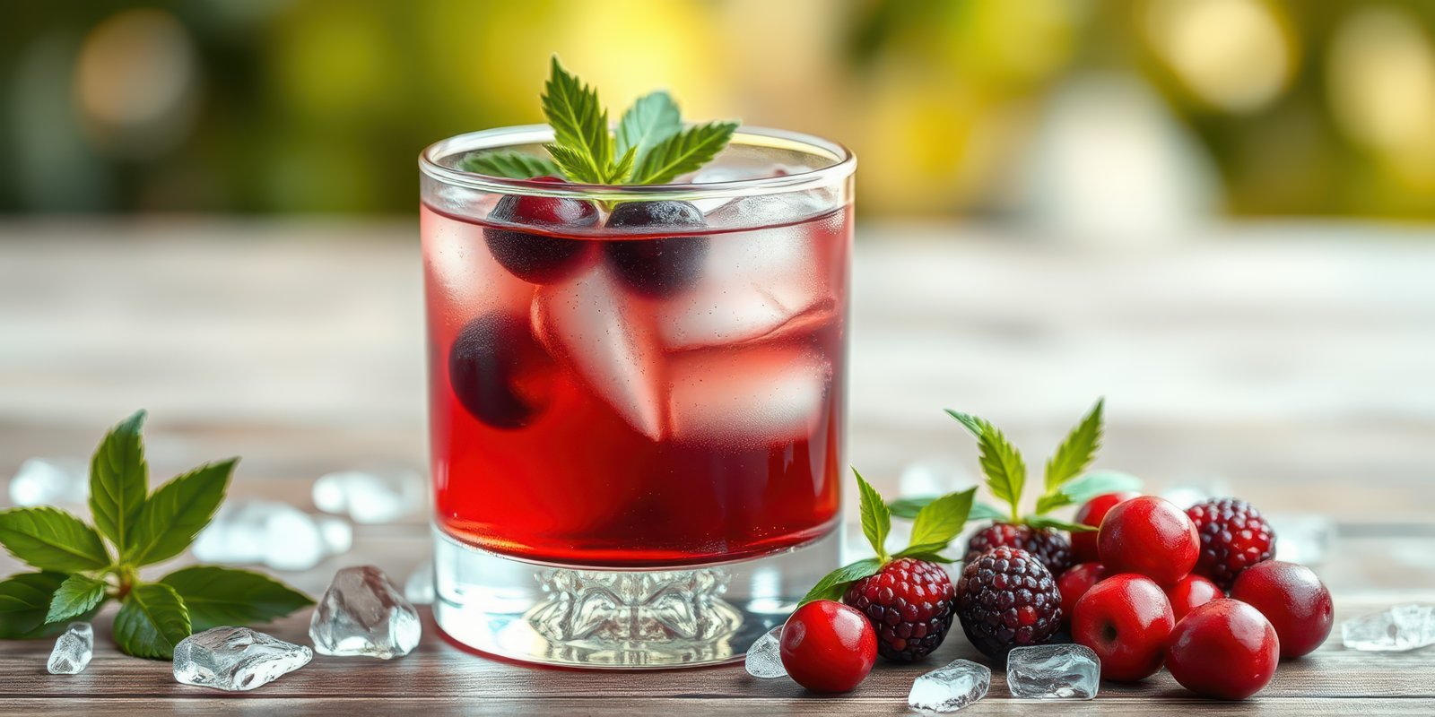 Refreshing summer cocktail with fresh berries and mint served on a wooden table outdoors